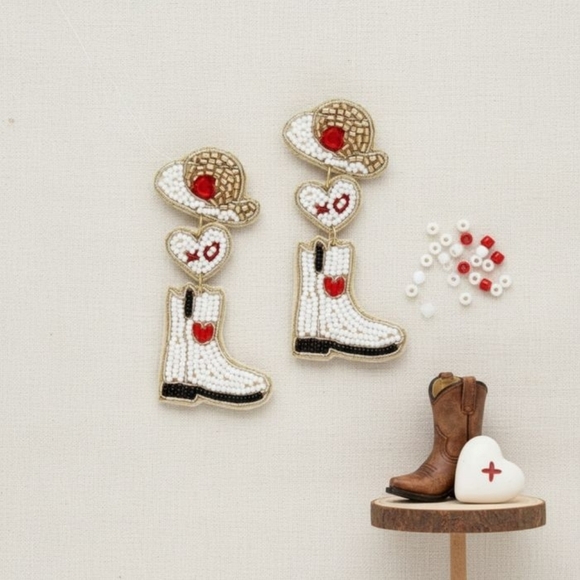 Jewelry - Dangle White Red Bead Cowboy Hat Boots Earrings